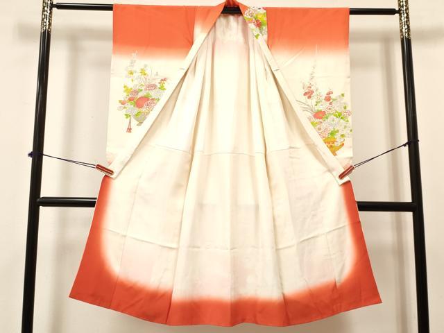 平和屋着物[]七五三　女の子　７歳　祝着　四つ身　長襦袢(無双仕立て)セット　駒刺繍　陶器牡丹花文　暈し染め　金糸　逸品　DAAY3485ma