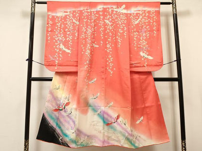 平和屋着物[]七五三　女の子　７歳　祝着　四つ身　流水群れ鶴花文　暈し染め　金銀彩　逸品　DAAY3487ma