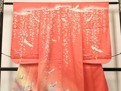 平和屋着物[]七五三　女の子　７歳　祝着　四つ身　流水群れ鶴花文　暈し染め　金銀彩　逸品　DAAY3487ma