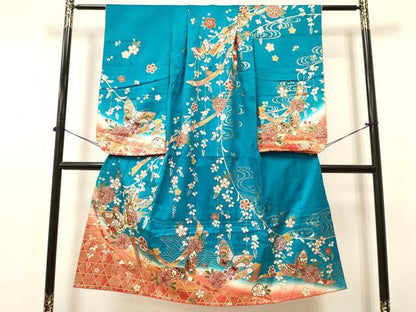 平和屋着物[]七五三　女の子　７歳　祝着　四つ身　駒刺繍　花蝶文　暈し染め　金彩　逸品　DAAY3488ma