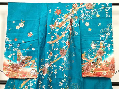 平和屋着物[]七五三　女の子　７歳　祝着　四つ身　駒刺繍　花蝶文　暈し染め　金彩　逸品　DAAY3488ma
