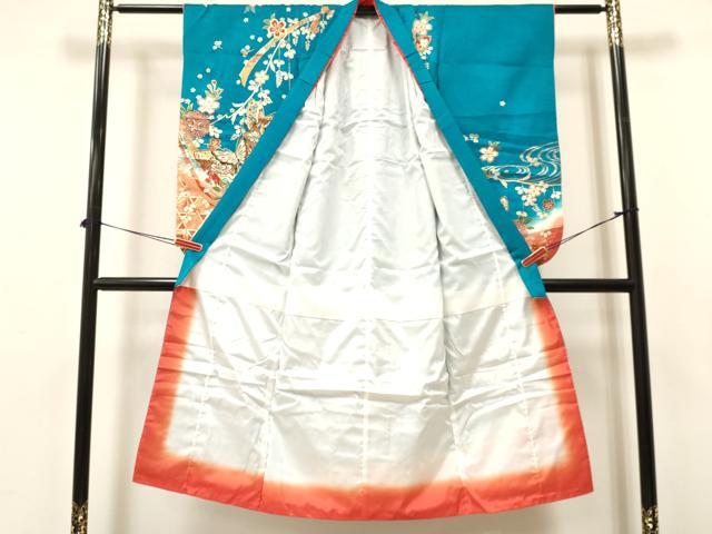平和屋着物[]七五三　女の子　７歳　祝着　四つ身　駒刺繍　花蝶文　暈し染め　金彩　逸品　DAAY3488ma
