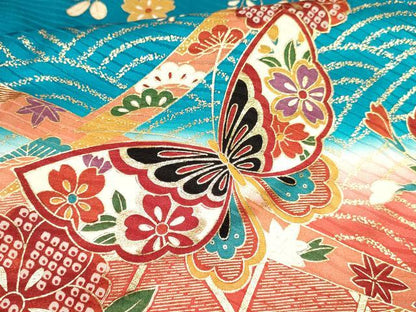 平和屋着物[]七五三　女の子　７歳　祝着　四つ身　駒刺繍　花蝶文　暈し染め　金彩　逸品　DAAY3488ma