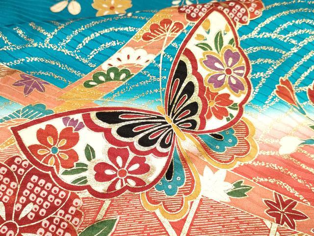 平和屋着物[]七五三　女の子　７歳　祝着　四つ身　駒刺繍　花蝶文　暈し染め　金彩　逸品　DAAY3488ma
