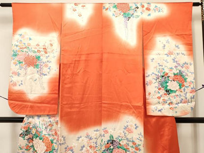 平和屋着物[]七五三　女の子　７歳　祝着　四つ身　駒刺繍　冊子牡丹花文　暈し染め　金彩　逸品　DAAY3489ma