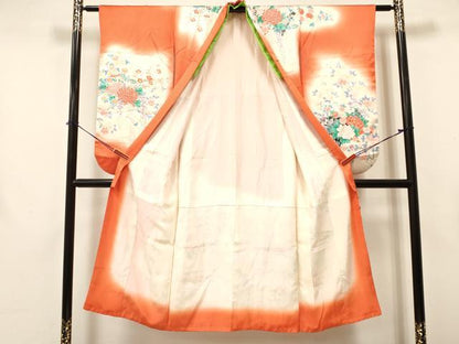 平和屋着物[]七五三　女の子　７歳　祝着　四つ身　駒刺繍　冊子牡丹花文　暈し染め　金彩　逸品　DAAY3489ma