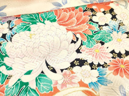 平和屋着物[]七五三　女の子　７歳　祝着　四つ身　駒刺繍　冊子牡丹花文　暈し染め　金彩　逸品　DAAY3489ma