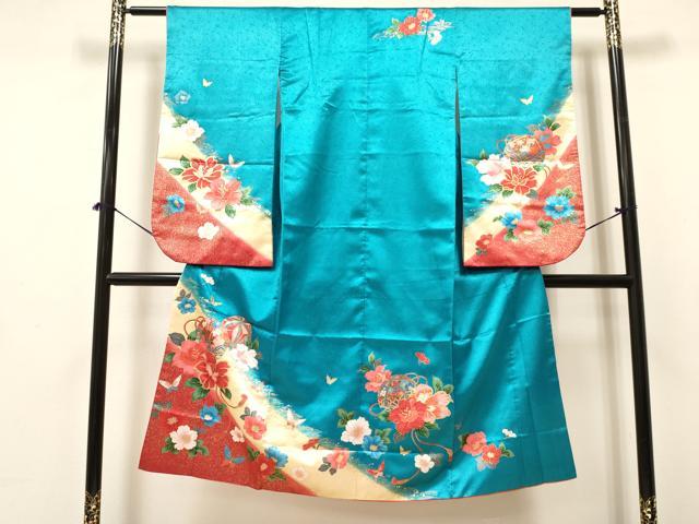 平和屋着物[]七五三　女の子　７歳　祝着　四つ身　駒刺繍　鞠花蝶文　暈し染め　金彩　DAAY3490ma