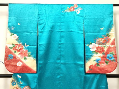 平和屋着物[]七五三　女の子　７歳　祝着　四つ身　駒刺繍　鞠花蝶文　暈し染め　金彩　DAAY3490ma