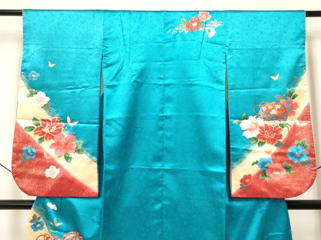 平和屋着物[]七五三　女の子　７歳　祝着　四つ身　駒刺繍　鞠花蝶文　暈し染め　金彩　DAAY3490ma