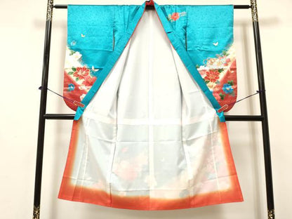 平和屋着物[]七五三　女の子　７歳　祝着　四つ身　駒刺繍　鞠花蝶文　暈し染め　金彩　DAAY3490ma