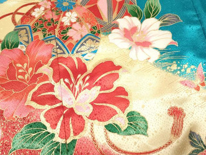 平和屋着物[]七五三　女の子　７歳　祝着　四つ身　駒刺繍　鞠花蝶文　暈し染め　金彩　DAAY3490ma