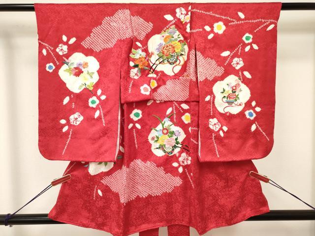 平和屋着物[]七五三　女の子　３歳　祝着　三つ身　刺繍　絞り　花車文　金糸　逸品　DAAY3492ma