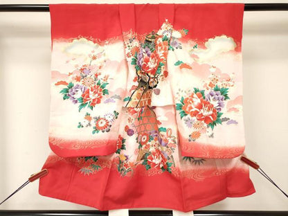 平和屋着物[]七五三　女の子　３歳　祝着　三つ身　花車文　暈し染め　金彩　逸品　DAAY3493ma