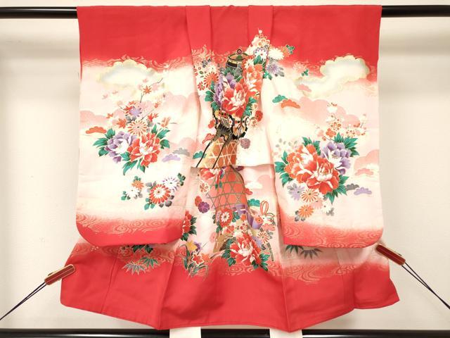 平和屋着物[]七五三　女の子　３歳　祝着　三つ身　花車文　暈し染め　金彩　逸品　DAAY3493ma