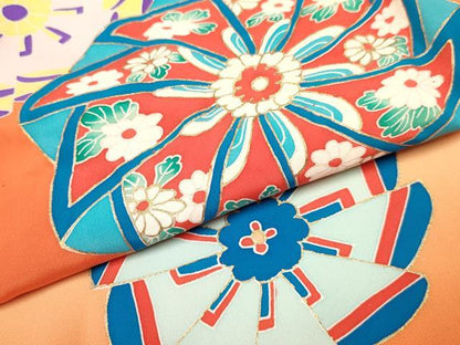 平和屋着物[]七五三　女の子　３歳　祝着　三つ身　風車花文　暈し染め　金彩　逸品　DAAY3494ma