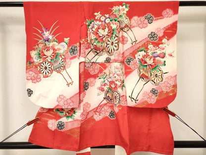 平和屋着物[]七五三　女の子　３歳　祝着　三つ身　駒刺繍　花車文　暈し染め　金彩　逸品　DAAY3495ma