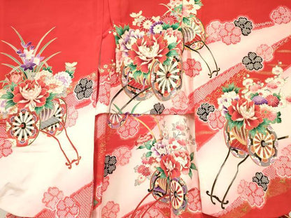 平和屋着物[]七五三　女の子　３歳　祝着　三つ身　駒刺繍　花車文　暈し染め　金彩　逸品　DAAY3495ma