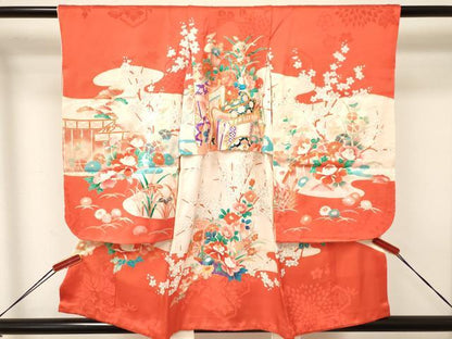 平和屋着物[]七五三　女の子　３歳　祝着　三つ身　駒刺繍　御所車花文　金彩　逸品　DAAY3496ma
