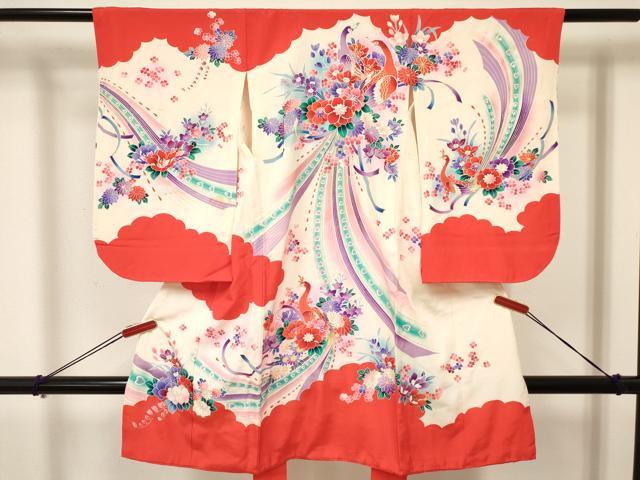 平和屋着物[]七五三　女の子　３歳　祝着　三つ身　駒刺繍　孔雀花文　暈し染め　金銀彩　逸品　DAAY3498ma