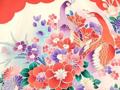 平和屋着物[]七五三　女の子　３歳　祝着　三つ身　駒刺繍　孔雀花文　暈し染め　金銀彩　逸品　DAAY3498ma