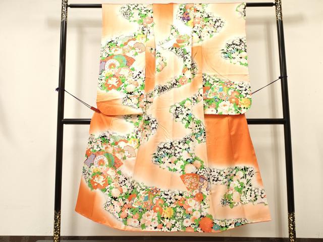 平和屋着物∵女の子　十三参り　子供　祝着　駒刺繍　地紙御所車鼓花文　暈し染め　金彩　逸品　DAAY3504ma