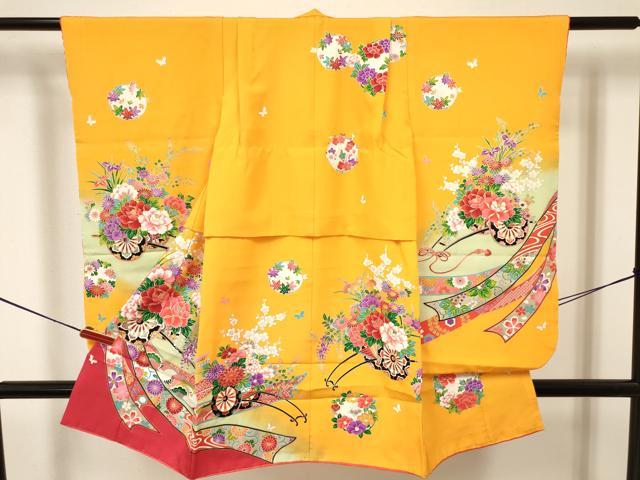 平和屋着物[]七五三　女の子　３歳　祝着　三つ身　舞蝶飛鶴花車文　暈し染め　金銀彩　逸品　DAAY3507ma