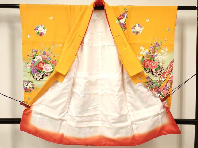 平和屋着物[]七五三　女の子　３歳　祝着　三つ身　舞蝶飛鶴花車文　暈し染め　金銀彩　逸品　DAAY3507ma