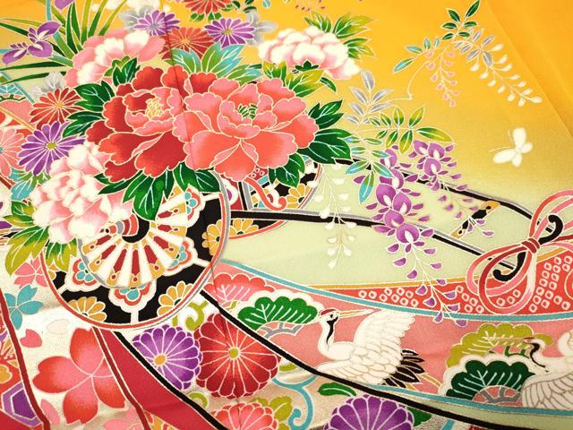 平和屋着物[]七五三　女の子　３歳　祝着　三つ身　舞蝶飛鶴花車文　暈し染め　金銀彩　逸品　DAAY3507ma