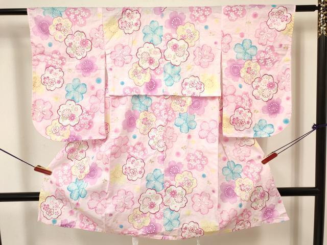 平和屋着物∴夏物 綿紅梅 浴衣 子供 女の子 ３歳 舞桜花文 金彩 綿 DAAY3510ma