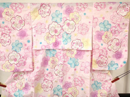 平和屋着物∴夏物 綿紅梅 浴衣 子供 女の子 ３歳 舞桜花文 金彩 綿 DAAY3510ma