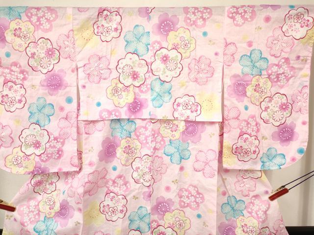 平和屋着物∴夏物 綿紅梅 浴衣 子供 女の子 ３歳 舞桜花文 金彩 綿 DAAY3510ma