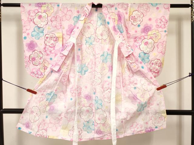 平和屋着物∴夏物 綿紅梅 浴衣 子供 女の子 ３歳 舞桜花文 金彩 綿 DAAY3510ma
