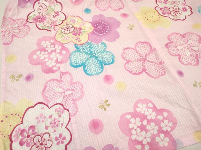 平和屋着物∴夏物 綿紅梅 浴衣 子供 女の子 ３歳 舞桜花文 金彩 綿 DAAY3510ma