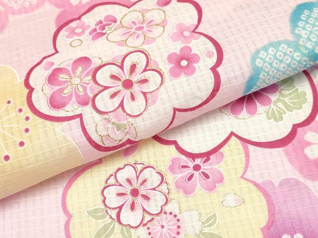 平和屋着物∴夏物 綿紅梅 浴衣 子供 女の子 ３歳 舞桜花文 金彩 綿 DAAY3510ma