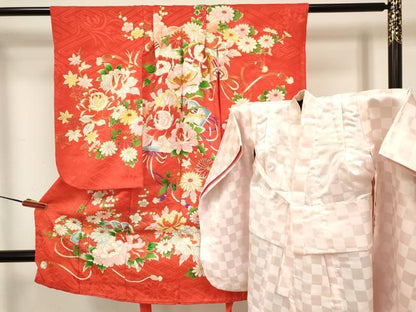 平和屋着物[]七五三　女の子　３歳　祝着　三つ身　長襦袢(袷)セット　刺繍　檜扇花文　金彩　逸品　DAAY3513ma