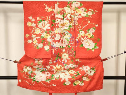 平和屋着物[]七五三　女の子　３歳　祝着　三つ身　長襦袢(袷)セット　刺繍　檜扇花文　金彩　逸品　DAAY3513ma
