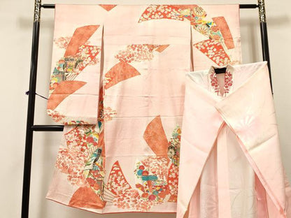 平和屋着物[]七五三　女の子　７歳　祝着　四つ身　長襦袢(無双仕立て)セット　駒刺繍　扇面御所車花文　暈し染め　金彩　逸品　DAAY3514ma