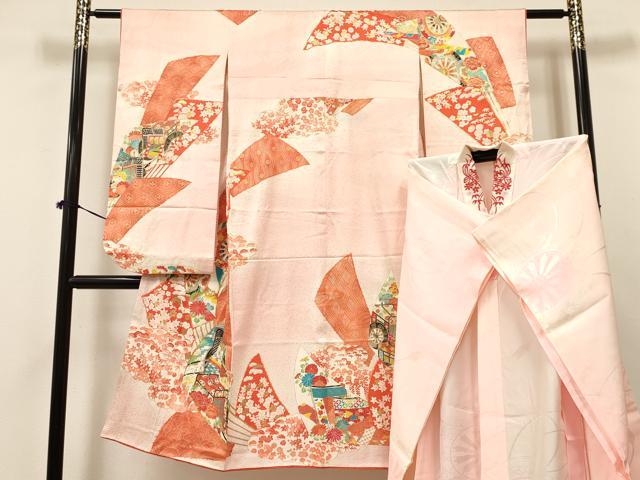 平和屋着物[]七五三　女の子　７歳　祝着　四つ身　長襦袢(無双仕立て)セット　駒刺繍　扇面御所車花文　暈し染め　金彩　逸品　DAAY3514ma