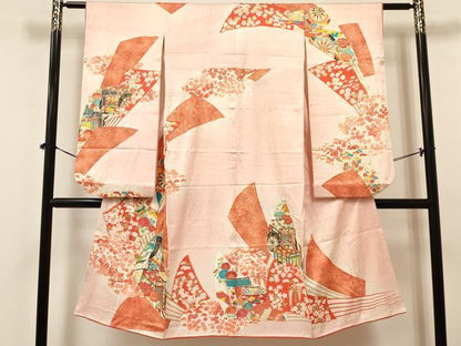 平和屋着物[]七五三　女の子　７歳　祝着　四つ身　長襦袢(無双仕立て)セット　駒刺繍　扇面御所車花文　暈し染め　金彩　逸品　DAAY3514ma