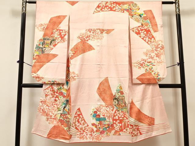 平和屋着物[]七五三　女の子　７歳　祝着　四つ身　長襦袢(無双仕立て)セット　駒刺繍　扇面御所車花文　暈し染め　金彩　逸品　DAAY3514ma