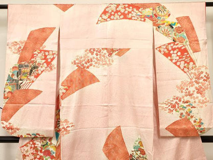 平和屋着物[]七五三　女の子　７歳　祝着　四つ身　長襦袢(無双仕立て)セット　駒刺繍　扇面御所車花文　暈し染め　金彩　逸品　DAAY3514ma