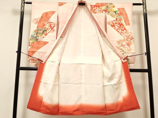 平和屋着物[]七五三　女の子　７歳　祝着　四つ身　長襦袢(無双仕立て)セット　駒刺繍　扇面御所車花文　暈し染め　金彩　逸品　DAAY3514ma