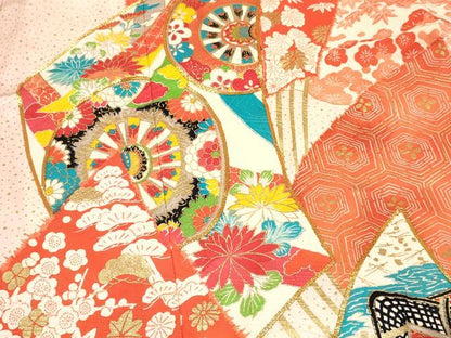 平和屋着物[]七五三　女の子　７歳　祝着　四つ身　長襦袢(無双仕立て)セット　駒刺繍　扇面御所車花文　暈し染め　金彩　逸品　DAAY3514ma