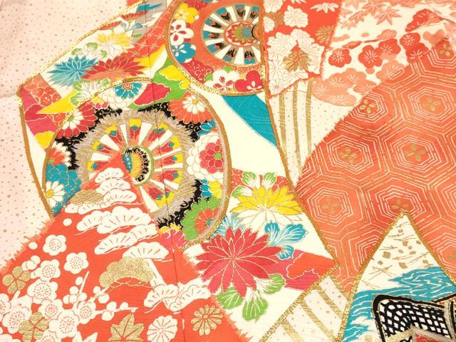 平和屋着物[]七五三　女の子　７歳　祝着　四つ身　長襦袢(無双仕立て)セット　駒刺繍　扇面御所車花文　暈し染め　金彩　逸品　DAAY3514ma