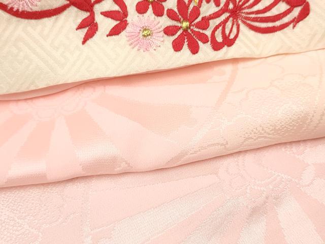平和屋着物[]七五三　女の子　７歳　祝着　四つ身　長襦袢(無双仕立て)セット　駒刺繍　扇面御所車花文　暈し染め　金彩　逸品　DAAY3514ma