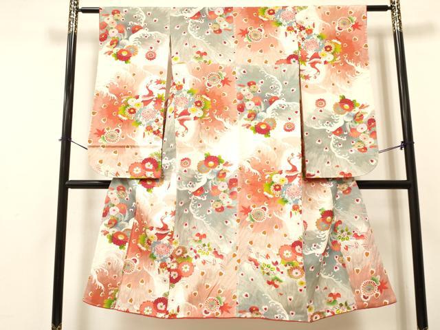 平和屋着物[]アンティーク　大正ロマン　七五三　女の子　７歳　祝着　四つ身　立波孔雀花文　金彩　逸品　DAAY3517ma
