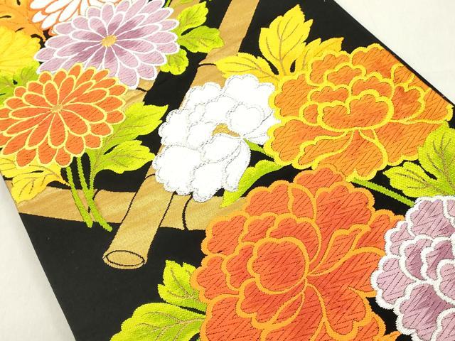 平和屋着物◎西陣　六通柄袋帯　唐織　竹垣花文　黒地　金銀糸　正絹　逸品　DAAY3594cd