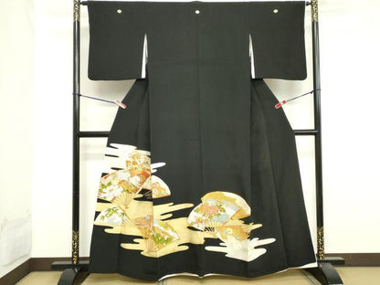 平和屋着物■豪華黒留袖　駒刺繍　扇花鳥文　金彩　正絹　逸品　DAAY3668cd