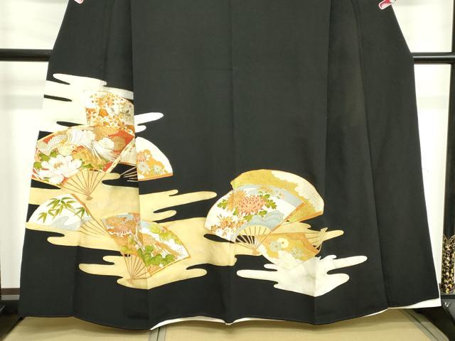 平和屋着物■豪華黒留袖　駒刺繍　扇花鳥文　金彩　正絹　逸品　DAAY3668cd